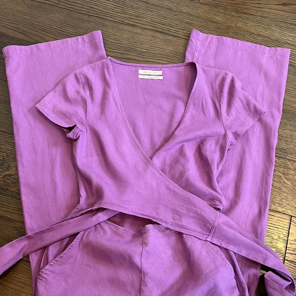 Urban Outfitters Purple Wrap Jumpsuit Linen Blend Wide Leg